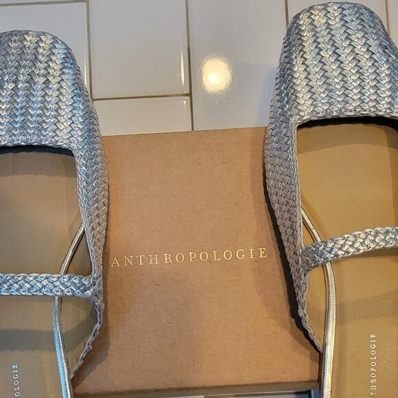 NIB Anthropologie Metallic Silver Woven Maryjane Mules - Picture 7 of 8